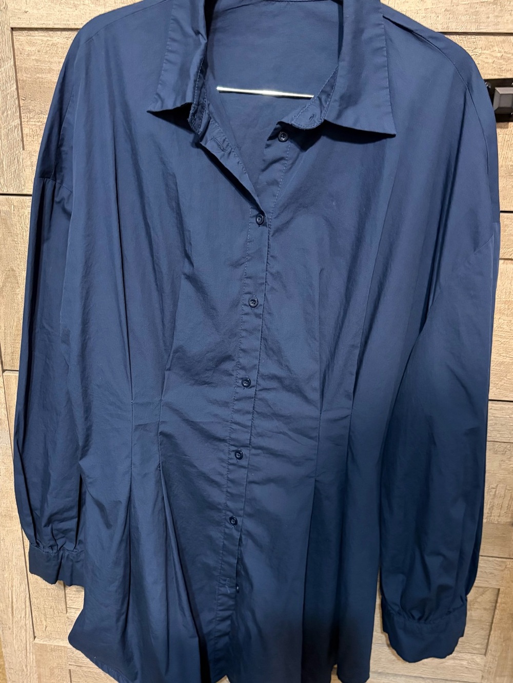 SHEIN Womens Dark Blue tapered button down blouse.